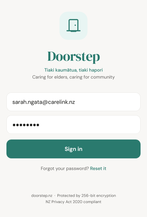Doorstep carer app login screen